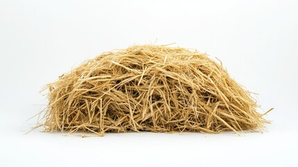 A Large Pile of Golden Straw on a Bright White Background, Perfect for Agricultural, Farming, and Rustic Decor Themes in Stock Photography Collections