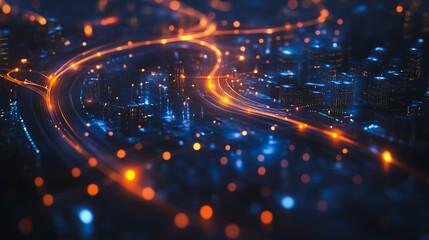 Obraz premium Smart digital Innovation city with connection network reciprocity over the cityscape. of future smart wireless digital city and social media networking systems that connects people with in city