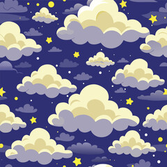 Vector illustration of a seamless pattern featuring billowing clouds and stars.