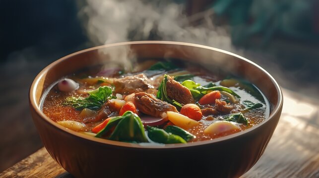 A Filipino pork sinigang soup served in a rich tang. Pork Sinigang is a delightful sour soup made with pork ribs, vegetables, and tamarind-flavored broth.