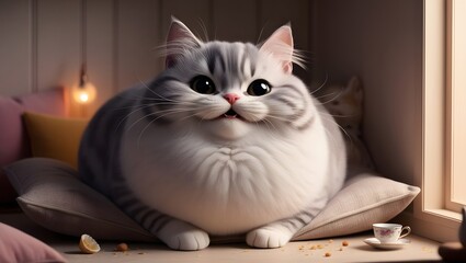 A cute, chubby, light-gray cat surrounded by bread crumbs and small teacups makes this cat look so cute and warm that it&rsquo;s irresistible.