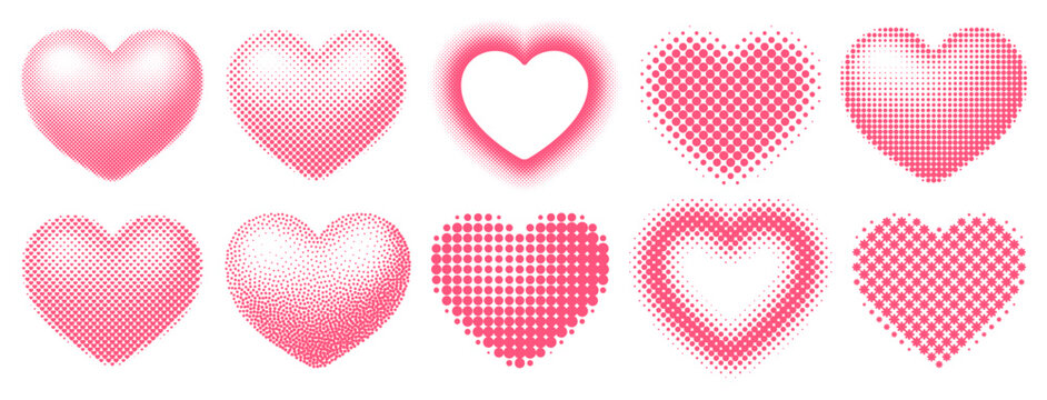 Set of different shaped hearts with halftone effect. Monochrome, pop art style dotted hearts, isolated on white background. Vector illustration