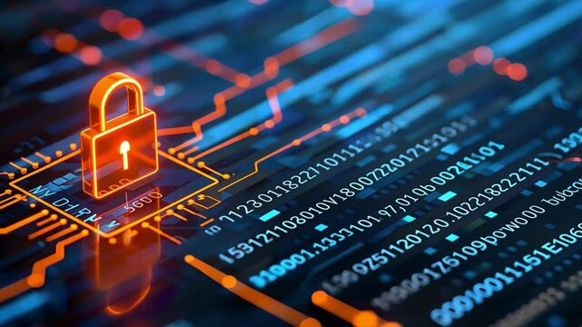 Digital padlock on circuit board, representing cybersecurity and data protection.