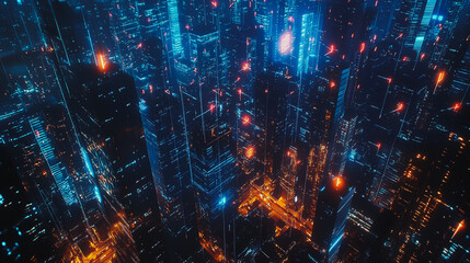 Obraz premium Smart digital Innovation city with connection network reciprocity over the cityscape. of future smart wireless digital city and social media networking systems that connects people with in city