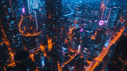 Fototapeta premium Smart digital Innovation city with connection network reciprocity over the cityscape. of future smart wireless digital city and social media networking systems that connects people with in city