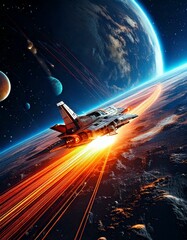 Una nave espacial surcando un vasto campo de estrellas, con planetas coloridos en el fondo. La nave emitiendo destellos de luz y dejando una estela de energía.
