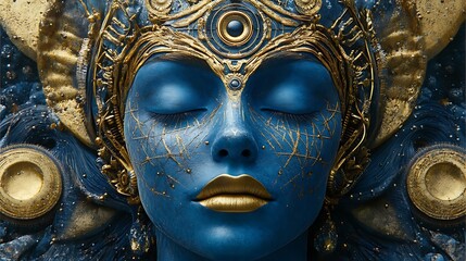 Cosmic Artistic Portrait Blue Futuristic Woman Gold Intricate Design Scene Illustration