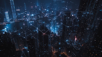 Fototapeta premium Smart digital Innovation city with connection network reciprocity over the cityscape. of future smart wireless digital city and social media networking systems that connects people with in city