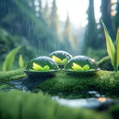 Rainy Day Serenity  Green Plants Under Glass Domes in Misty Forest