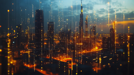 Fototapeta premium Smart digital Innovation city with connection network reciprocity over the cityscape. of future smart wireless digital city and social media networking systems that connects people with in city