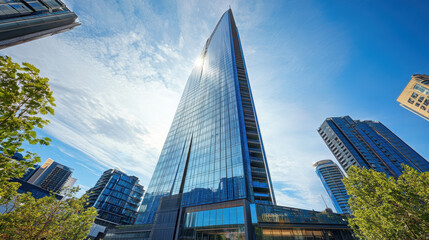 High-rise office in the city center amidst business competition.