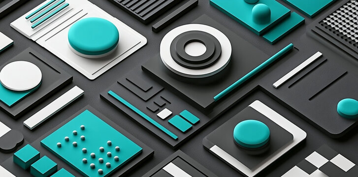modern abstract background featuring geometric shapes in teal, black, and white, creating visually striking design. composition includes circles, squares, and lines
