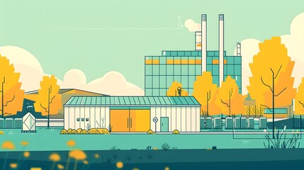 Obraz premium Autumnal Industrial Park Modern Building Factory Trees Nature