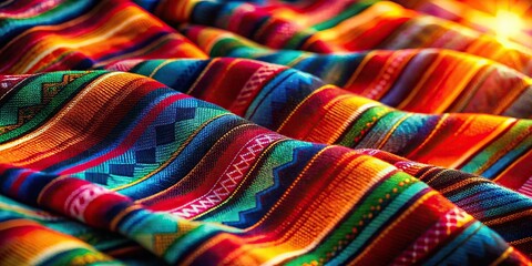 Tilted close-up of vibrant, patterned Mexican fabric, showcasing radiant hues, soft lighting, and subtle textures;  golden hour tones, shallow depth of field,  emphasizing a trendy, modern aesthetic.