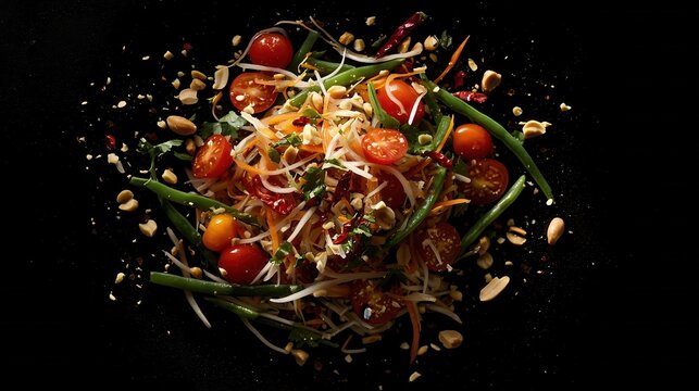 A fresh and colorful Thai papaya salad som tam with Peanuts, Chili, and Fresh Herbs on Rustic Wooden Board