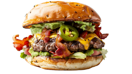 Indulgent Single Burger Stacked High on transparent background PNG.