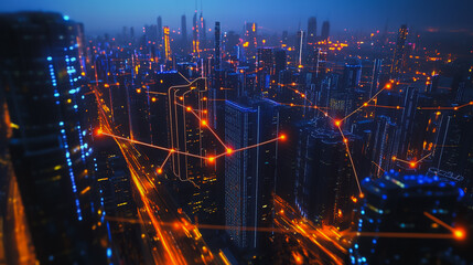 Obraz premium Smart digital Innovation city with connection network reciprocity over the cityscape. of future smart wireless digital city and social media networking systems that connects people with in city