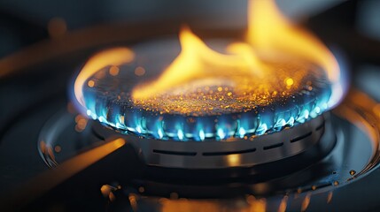 Close-up View of a Gas Burner Flame on a Modern Cooking Stove, Highlighting the Vibrant Blue and Yellow Flames and Textures of the Burning Gas