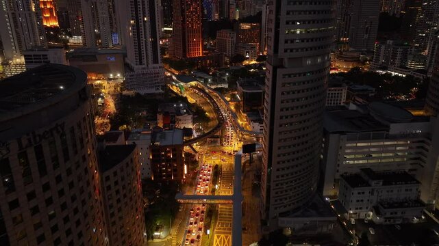 night illumination kuala lumpur city downtown traffic street crossroad aerial panorama 4k malaysia