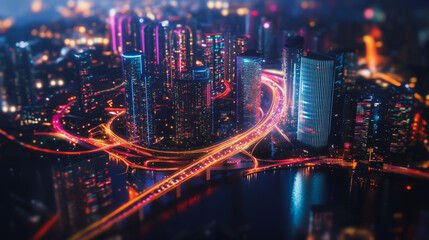 Fototapeta premium Smart digital Innovation city with connection network reciprocity over the cityscape. of future smart wireless digital city and social media networking systems that connects people with in city