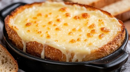 Baked Cheese Dish in a Black Serving Bowl with Crispy Bread