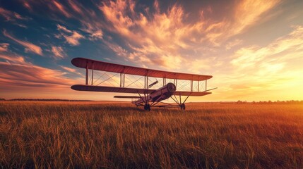 An empty scene featuring blank mockup template filled with a low-angle view of the Wright Flyer resting on wooden skids, ready for takeoff under a vibrant sky, 