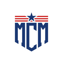 Patriotic MCM Logo with Star and American Flag Straps. Letter MCM Logo with USA Flag
