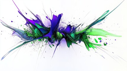 Obraz premium A dynamic spray of neon colors in green and purple, forming an energetic abstract burst of light, on white