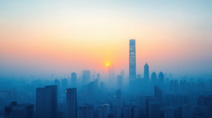 Urban Skyline at Sunset with Soft Colors and Towering Buildings