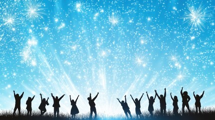 Obraz premium Celestial Celebration: Silhouettes of joyous people against a vibrant firework display, celebrating life's triumphs under a breathtaking night sky. 