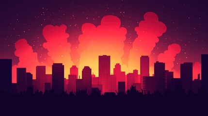 Silhouette of a city skyline against a fiery orange and red sunset, with glowing clouds and scattered stars in the sky.