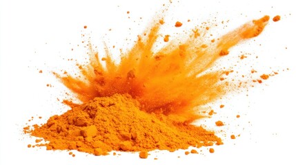 A fiery explosion of powder pigments in orange and yellow, radiating outward dynamically, isolated on white