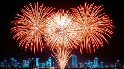 Three vibrant red fireworks light up the night sky, creating a stunning display above a modern city skyline.