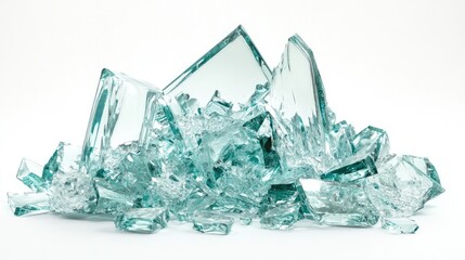 Shattered Glass Pieces Piled Together on a White Background, Reflecting Light and Creating a Stunning Visual Display of Transparency and Fragility