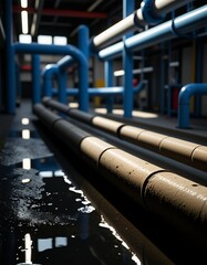 Industrial Piping System Pipes Tubes Water Leak Maintenance Repair Factory Infrastructure Plumbing