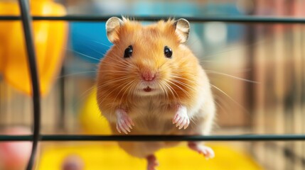 Obraz premium A hamster running on a wheel in its cage.