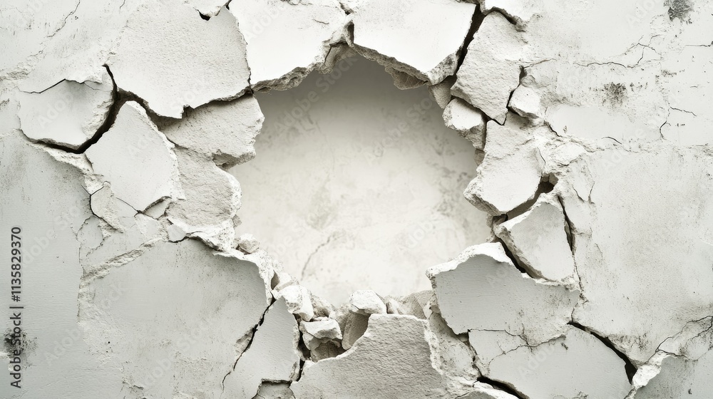 Poster cracked white wall with damage showing an empty space in the center, highlighting the contrast betwe