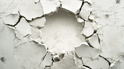 Obraz premium Cracked White Wall with Damage Showing an Empty Space in the Center, Highlighting the Contrast between Fragile Surface and Exposed Underlayer in a Minimalistic Style