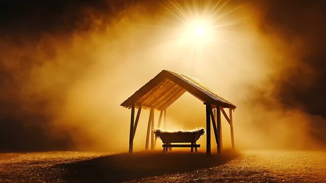 Empty Manger in Misty Fog with Gentle Light and Sacred Atmosphere