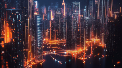 Fototapeta premium Smart digital Innovation city with connection network reciprocity over the cityscape. of future smart wireless digital city and social media networking systems that connects people with in city