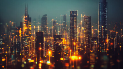 Obraz premium Smart digital Innovation city with connection network reciprocity over the cityscape. of future smart wireless digital city and social media networking systems that connects people with in city