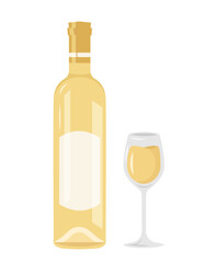 Bottle of wine with wineglass in flat style. Bottle of white wine, champagne, alcoholic drink. Glass of white wine. Good for banner, poster, advertising, pab, menu. Vector illustration in flat style