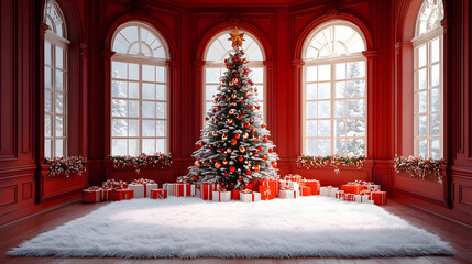 Luxurious Christmas Room Backdrop with Tree, Garlands, and Snow-Covered Floor, Festive Gift Boxes and Elegant Interior Design.
