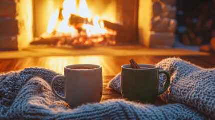 A steaming coffee cup with a fireplace in the background