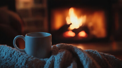 A steaming coffee cup with a fireplace in the background