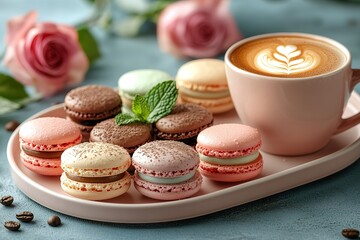 Obraz premium Pink Ceramic Cup of Latte Art Coffee with Assorted Macarons on Tray