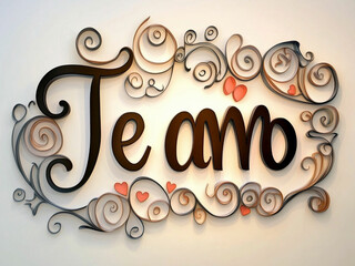 Romantic "Te Amo" art font design with swirls, curls, and red hearts, perfect for love-themed projects and decorations.