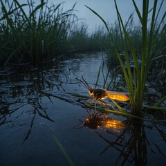 Fototapeta premium A firefly glowing among reeds on a misty riverbank at night.