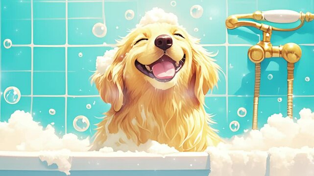 Happy golden retriever enjoys a bubbly bath in a bright blue bathroom filled with cheerful suds and playful joy seamless looping 4K time-lapse virtual video animation background