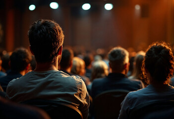 Rear View of Diverse Audience Members Watching Performance in Dark Theater Setting